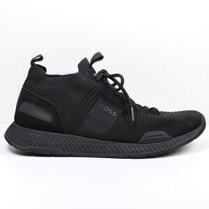 HUGO BOSS Titanium Runn Knit Suede Trainers Sneakers Triple Black Mens Sz 45/12